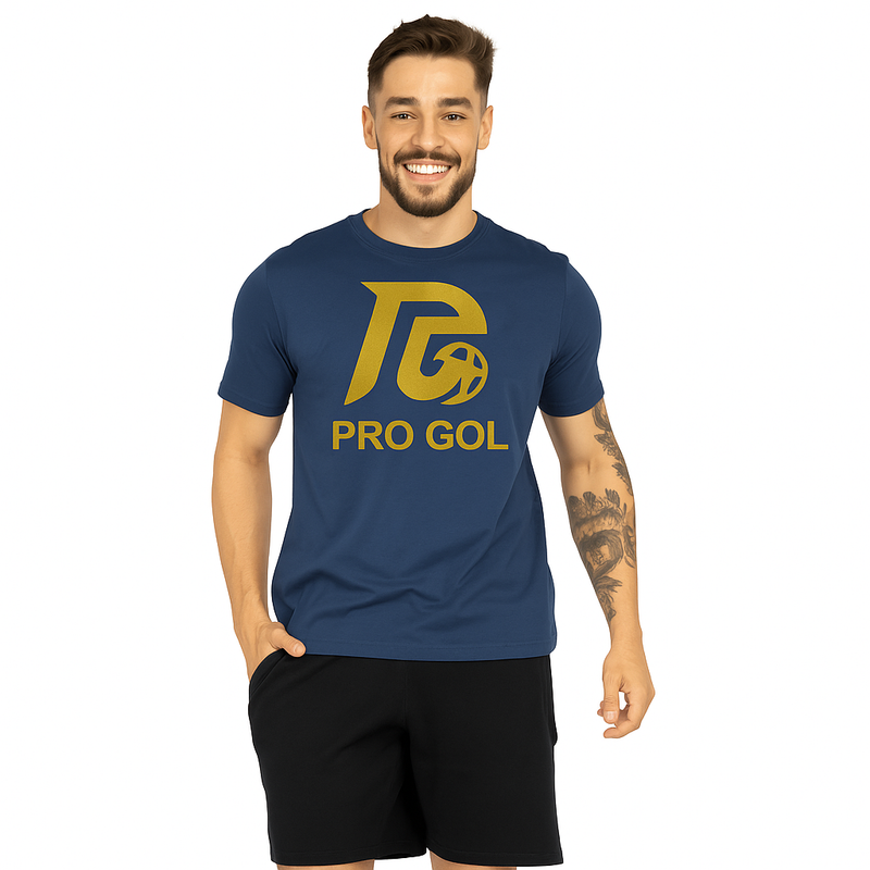 Camiseta Pro Gol Esportiva Masculina – Azul Marinho com Estampa Dourada